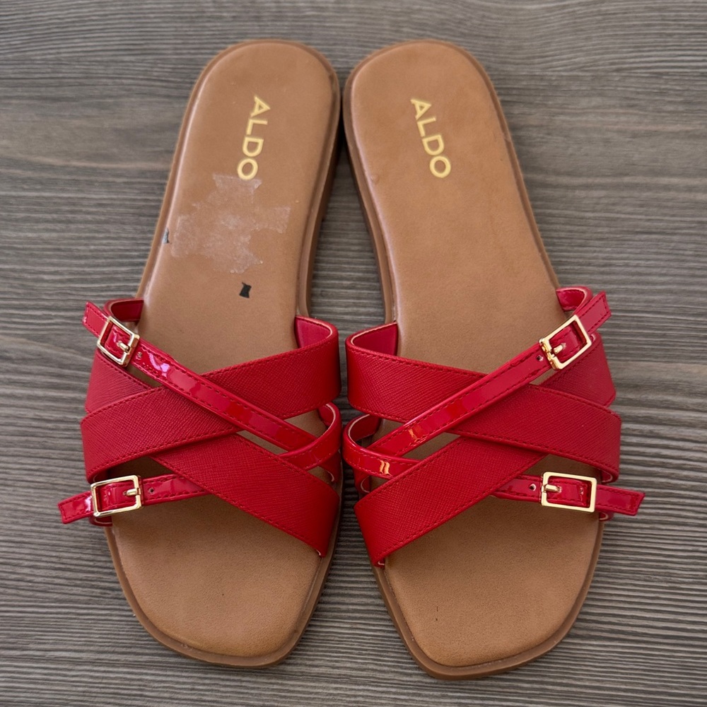 Aldo Red Sandals with Gold Buckles